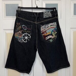 Artful Dodger Mens Embroidered Denim Shorts Black Bishops Island Red Sea Size 36